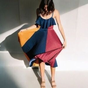 Staud Midi Dress Pleated Color Block Navy Maroon Marigold Melissa Benoist